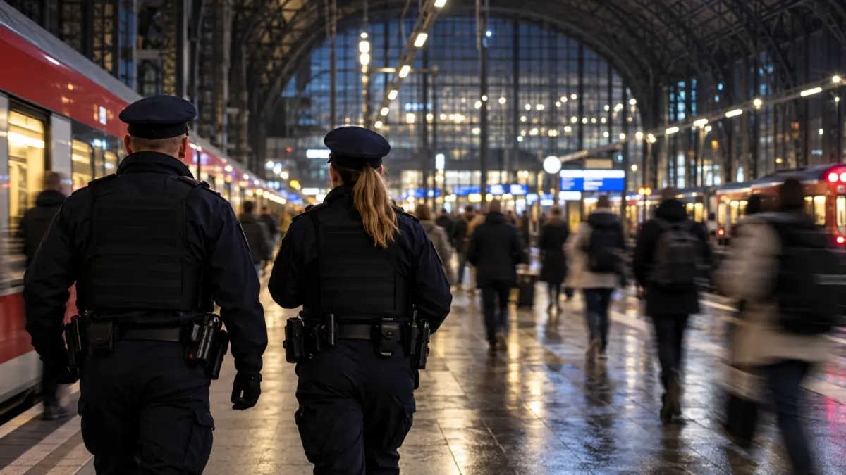 Zwei Polizisten gehen in einem Bahnhof an einem Zug entlang; Reisende im Hintergrund sind unscharf