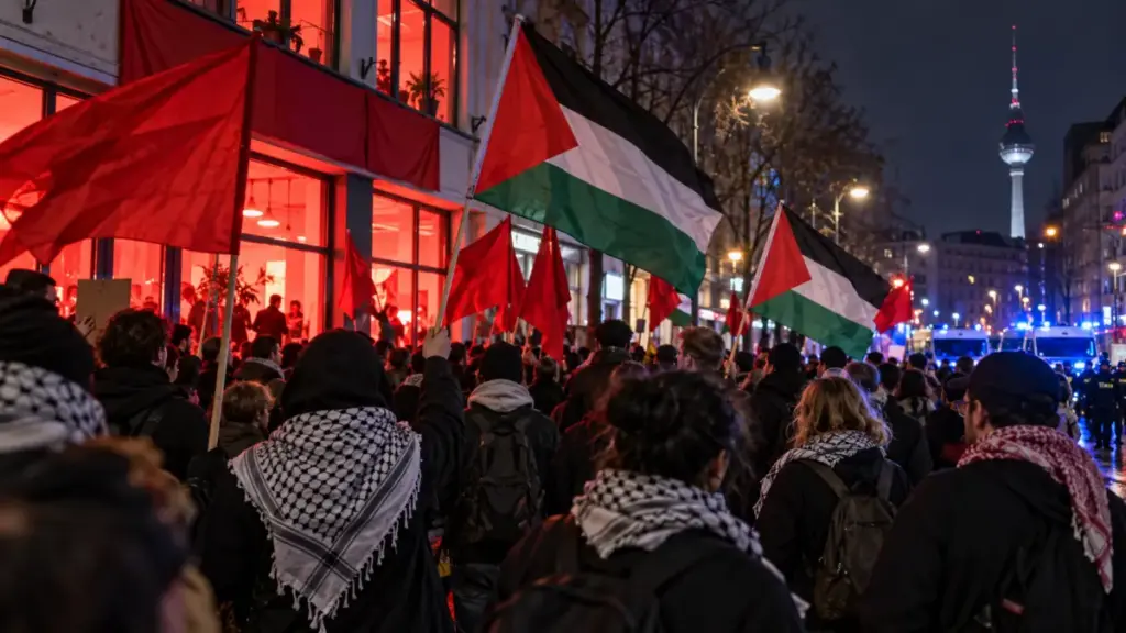 Nächtliche Kundgebung in Berlin mit roten Fahnen, Palästinaflaggen und Kufiya-Tüchern