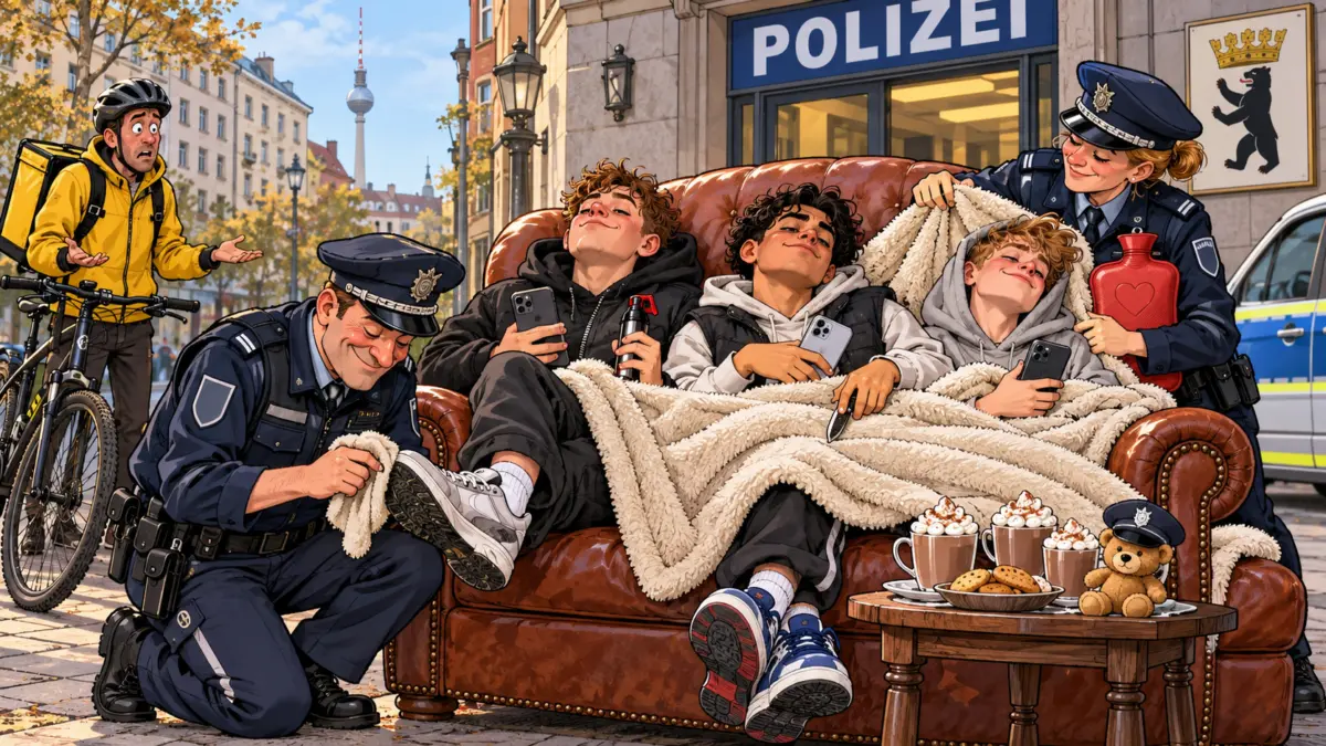 Karikatur von Polizisten, die jugendliche Tatverdächtige auf einem Sofa mit Decke und Kakao umsorgen