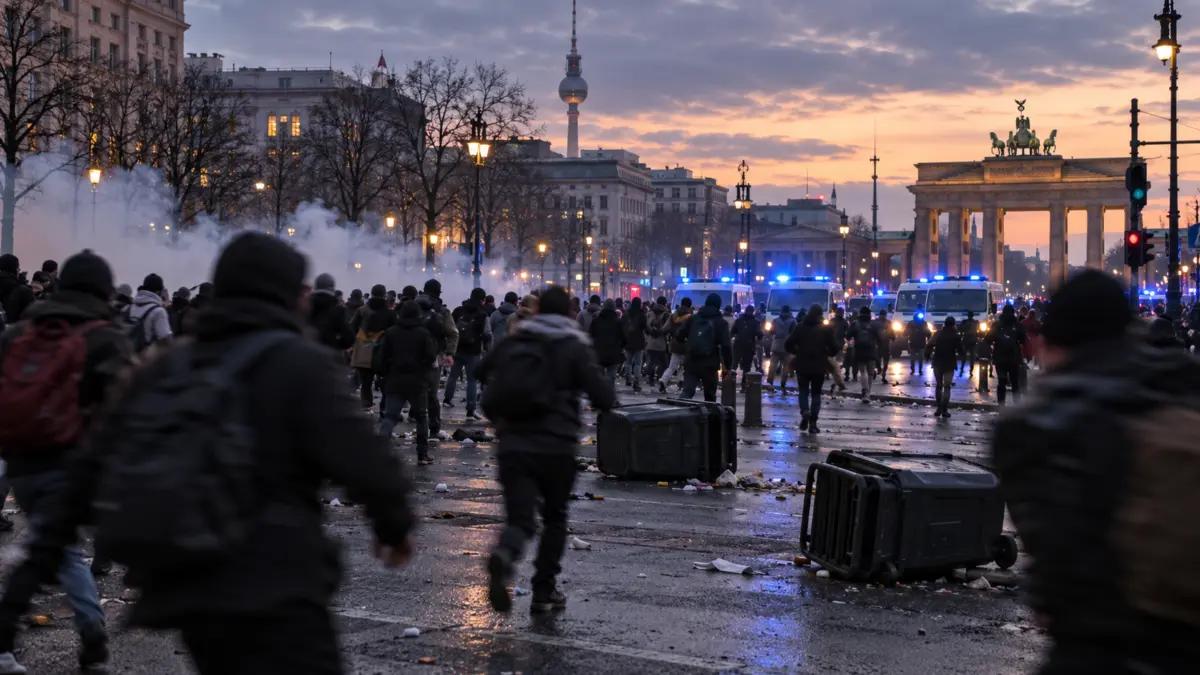 Anonyme Menschenmenge und Polizeifahrzeuge mit Blaulicht nahe dem Brandenburger Tor; KI-generiertes Symbolbild