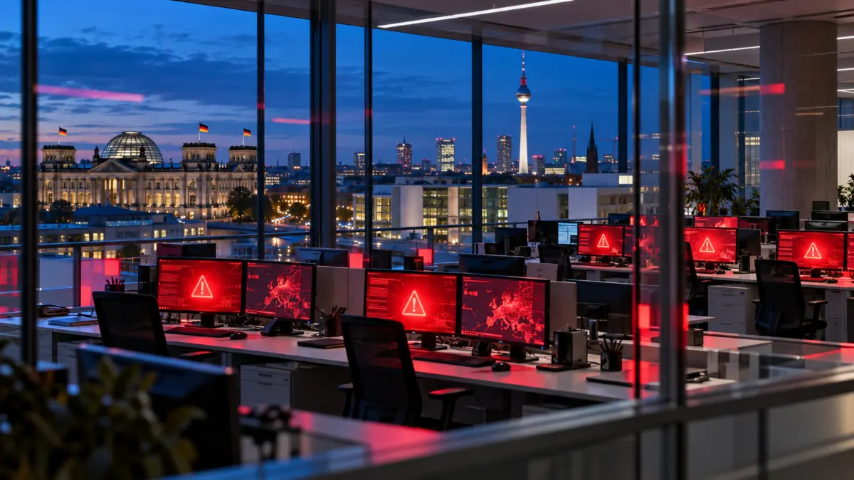 Leeres Berliner Büro mit roten Warnmeldungen auf Computermonitoren bei Abendlicht