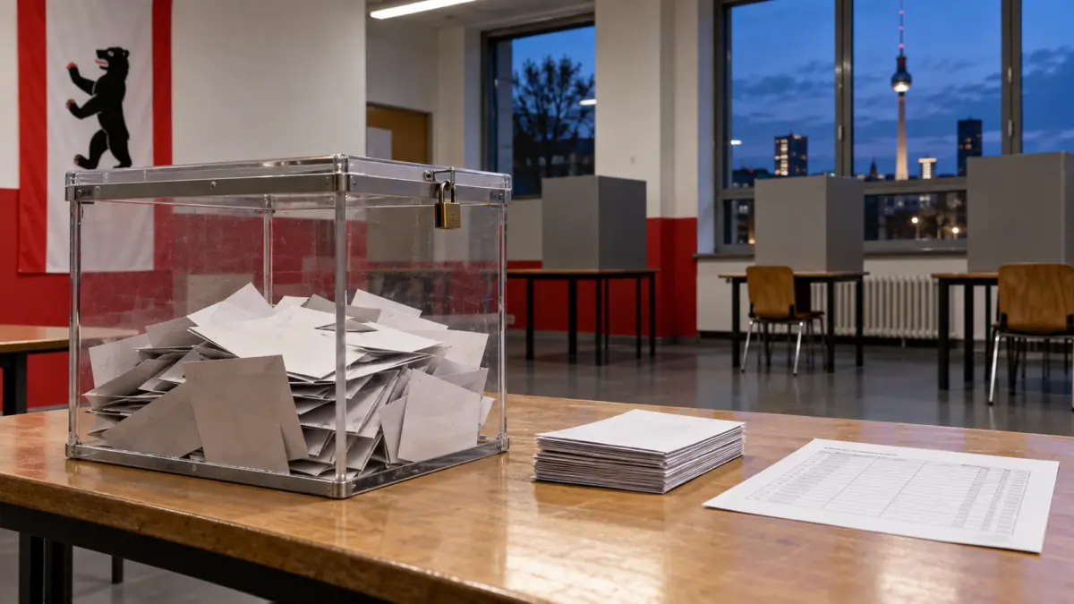 Wahlhelfer zählen in einem Berliner Wahllokal Stimmzettel neu aus