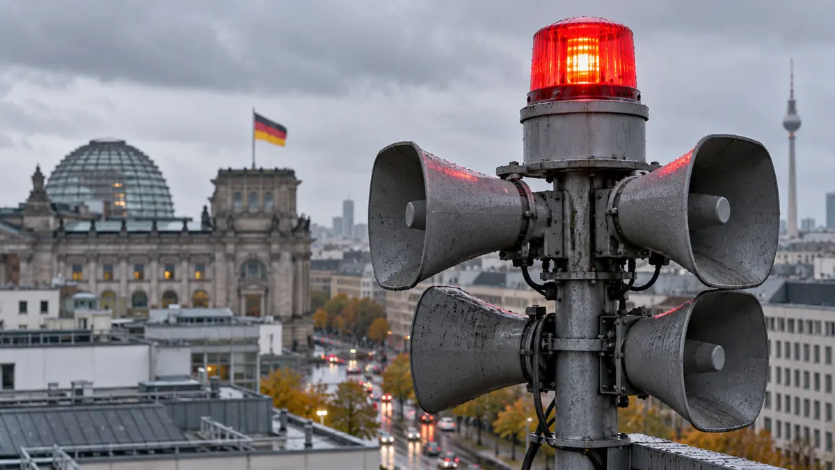 Warnsirene über Berlin mit deutschem Bundestag im Hintergrund