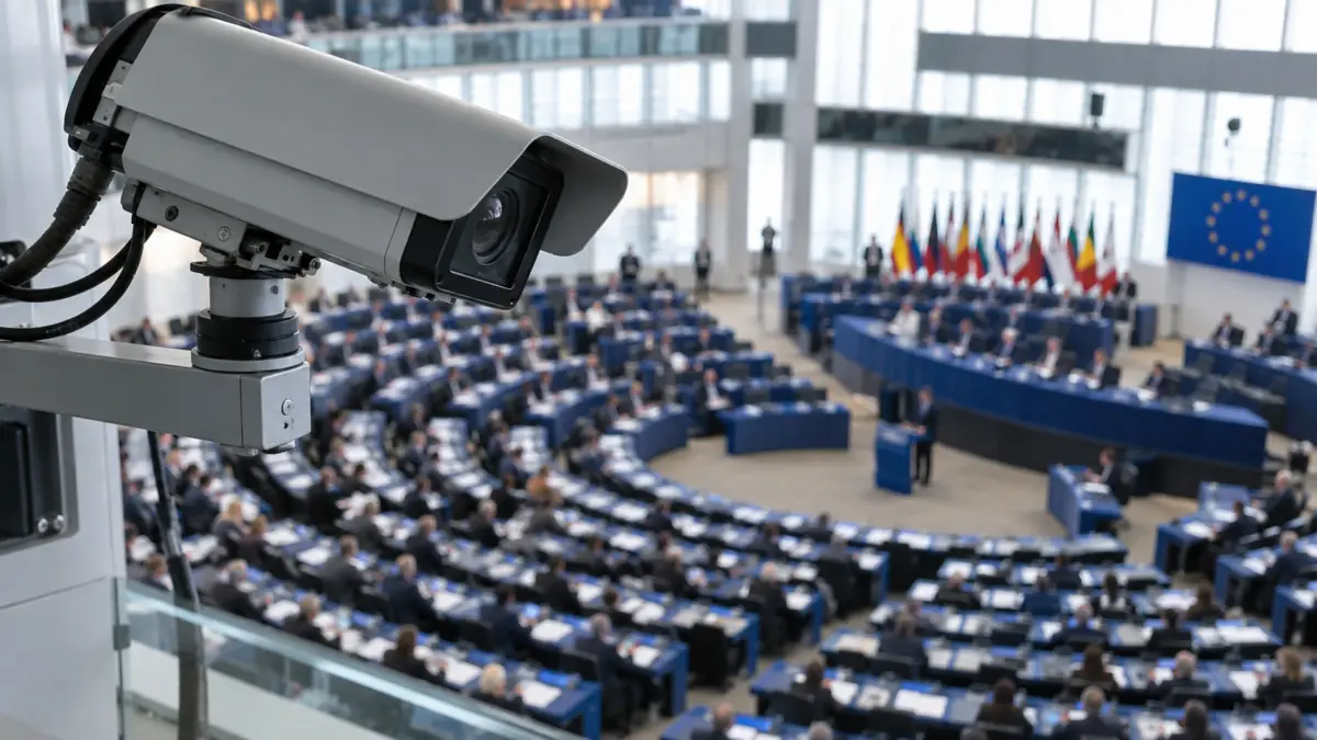 Überwachungskamera über einem europäischen Parlamentsgebäude