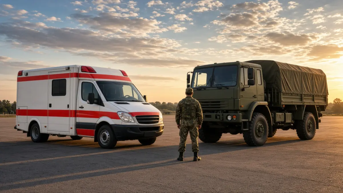 Rettungswagen neben einem Militärlastwagen, dazwischen ein Soldat von hinten