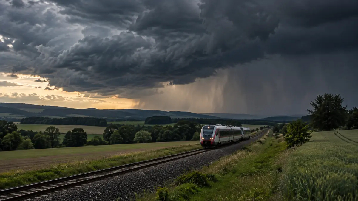 Zug fährt auf dem Land unter aufziehenden Gewitterwolken