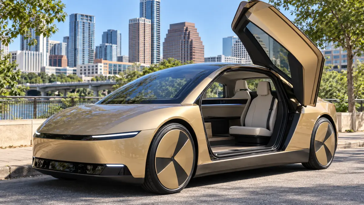 Goldfarbenes autonomes Taxi mit geöffneter Tür und Blick auf zwei Sitze ohne Lenkrad