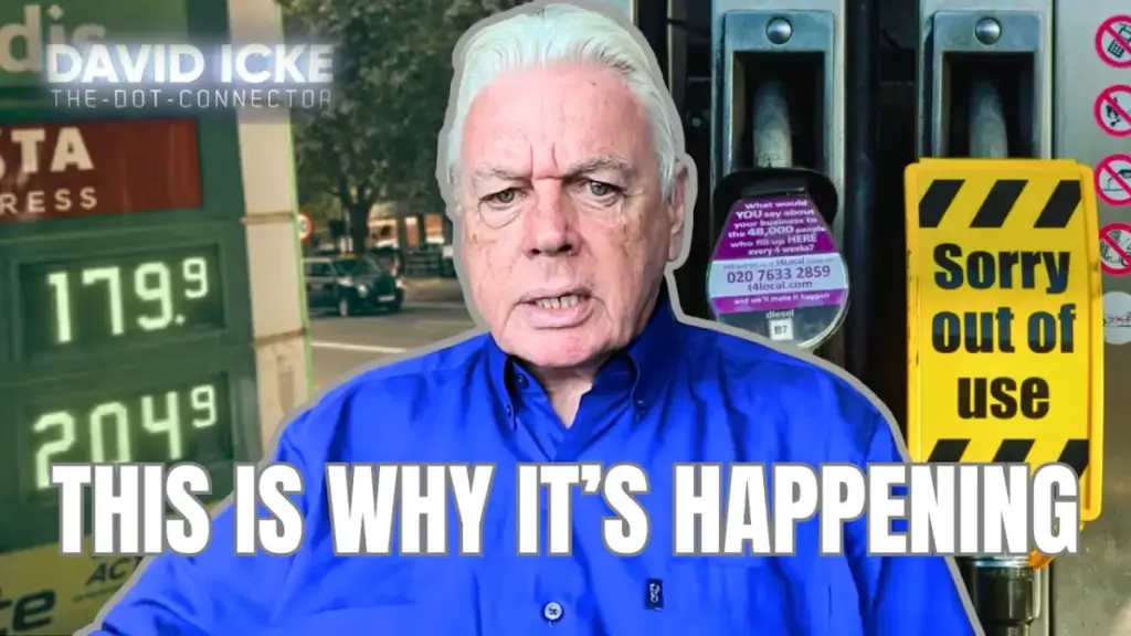 David Icke vor einer Tankstelle und einer außer Betrieb gesetzten Zapfsäule
