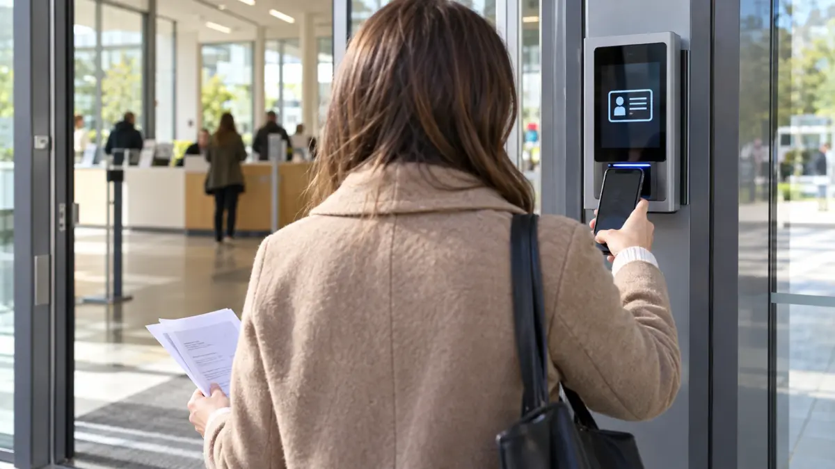 Frau hält ein Smartphone an ein digitales Lesegerät am Eingang einer Behörde