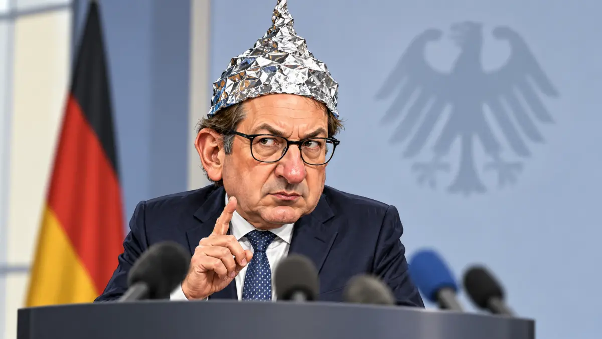 Satirische Karikatur von Alexander Dobrindt mit Aluhut an einem Rednerpult