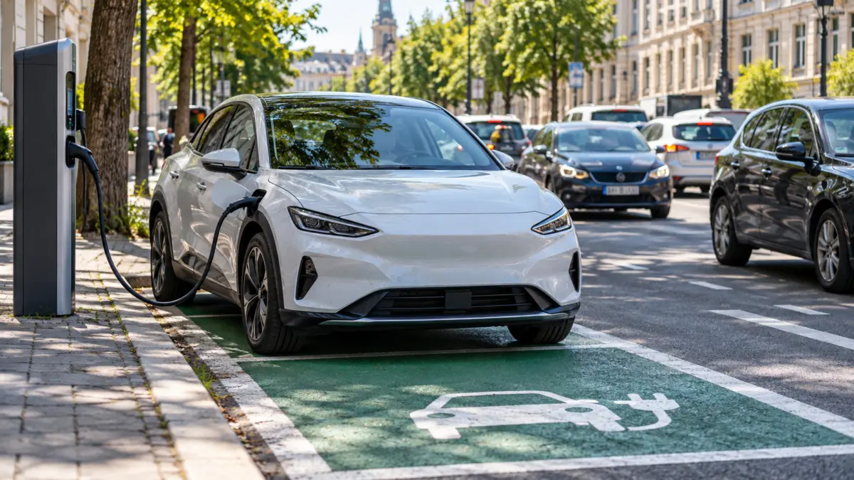 Elektroauto lädt auf einem markierten Stellplatz am Straßenrand, dahinter stauen sich weitere Fahrzeuge