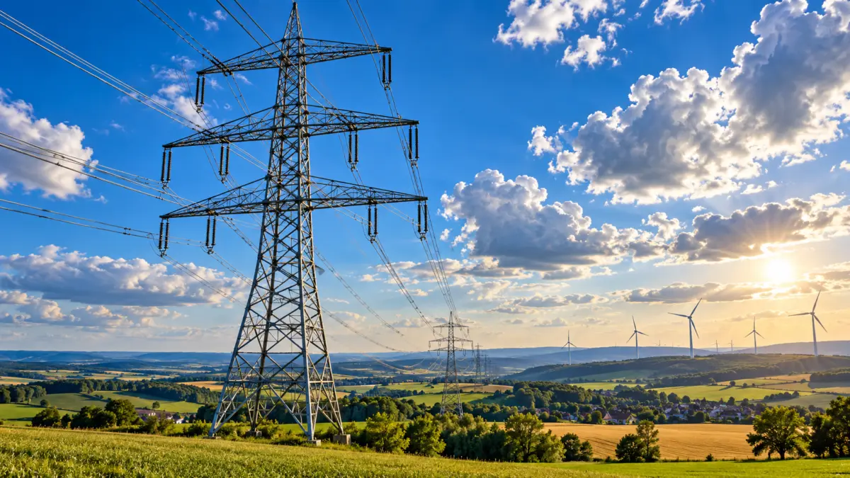 Strommast und Windräder in einer symbolisch dargestellten Landschaft