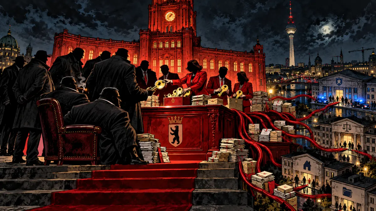 Karikatur mit Rotem Rathaus, dunklen Machtgruppen und roten Verbindungen zu Berliner Behörden