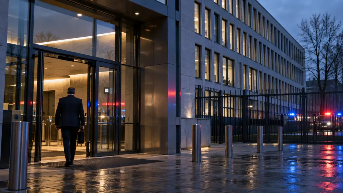 Anonymer Mann von hinten am Eingang eines modernen Behördengebäudes bei Dämmerung