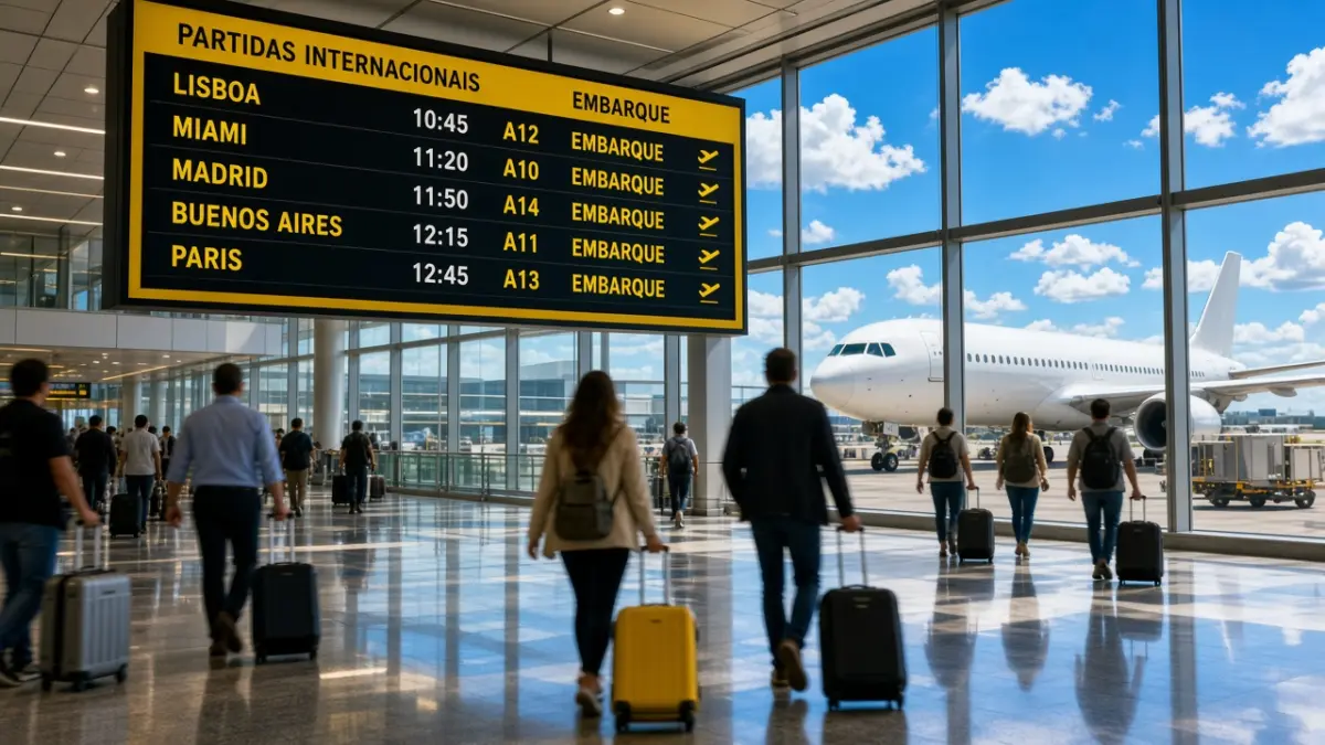 Belebtes Abfluggate eines brasilianischen Flughafens mit gelber Anzeigetafel für internationale Ziele, Reisende mit Rollkoffern von hinten und ein Passagierjet vor großen Fenstern