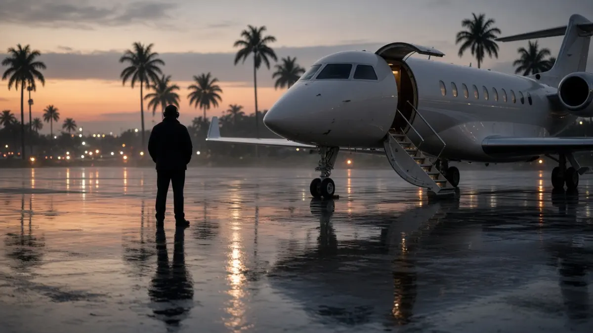 Symbolbild: Privatjet mit offener Tür auf nassem Flughafenvorfeld bei Morgengrauen
