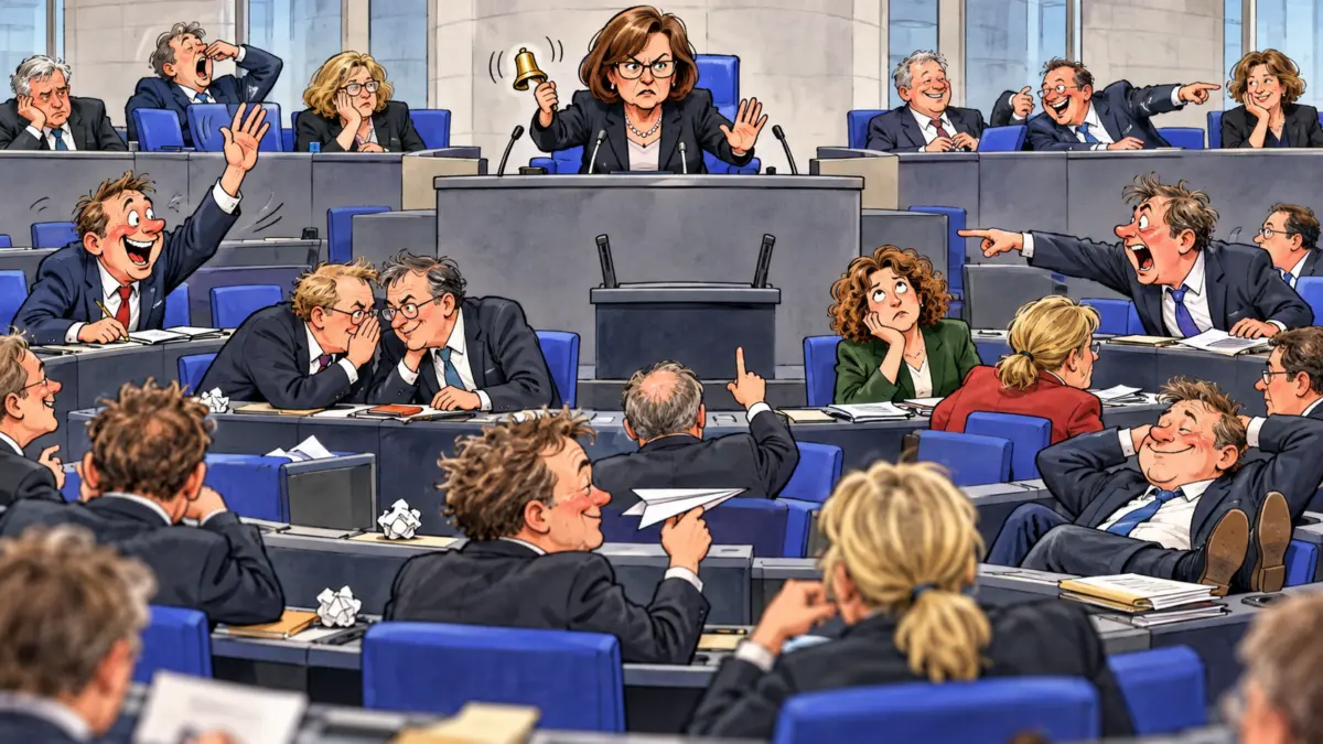 Karikatur einer chaotischen Parlamentssitzung: Abgeordnete benehmen sich wie unruhige Schüler, die Sitzungsleiterin versucht Ordnung zu schaffen