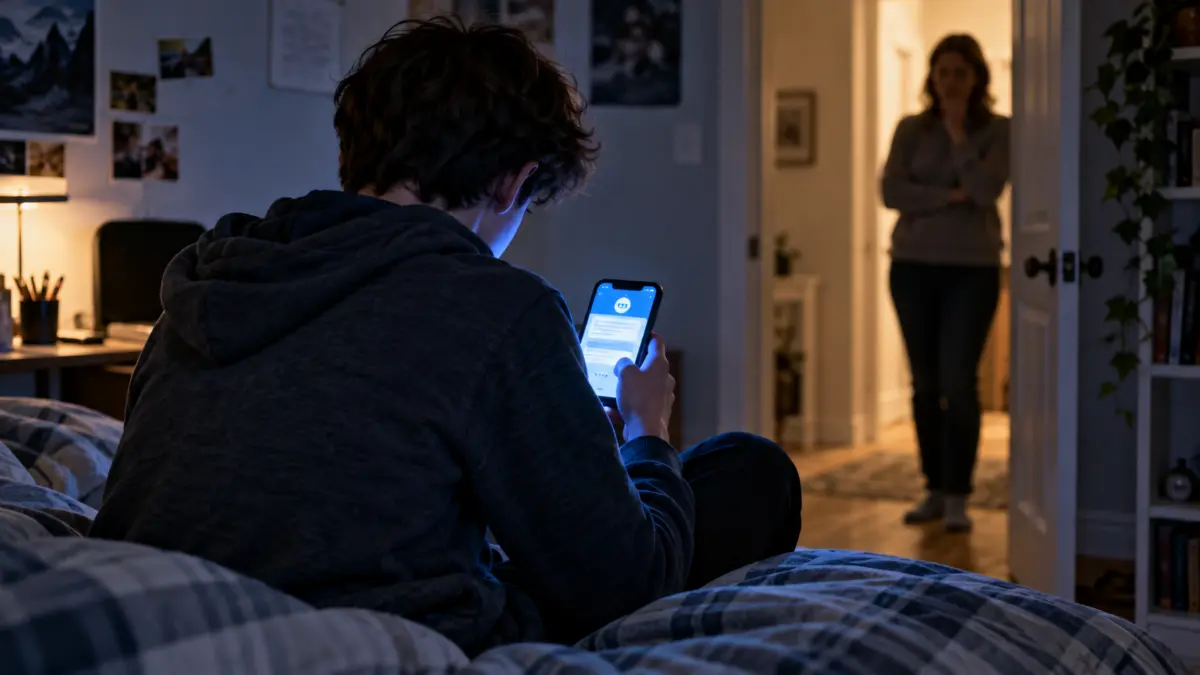 Symbolbild eines Jugendlichen von hinten mit Smartphone und unscharfer erwachsener Person im Hintergrund