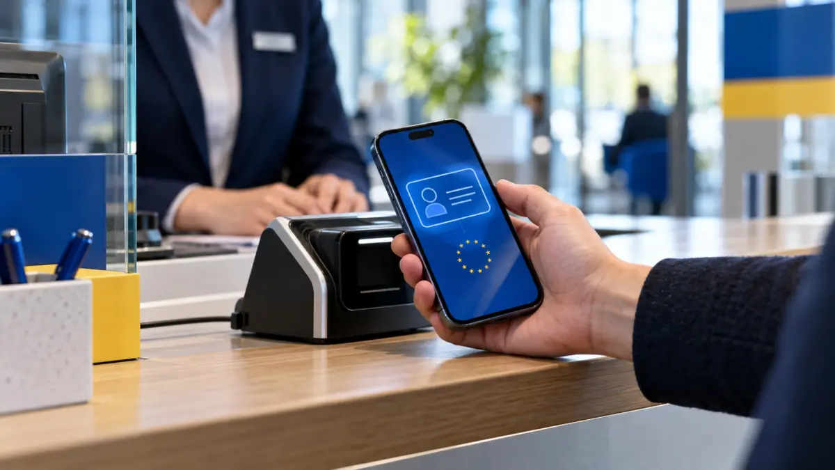 Hand hält ein Smartphone mit abstraktem EU-Ausweis zur Identitätsprüfung an einen Bankschalter