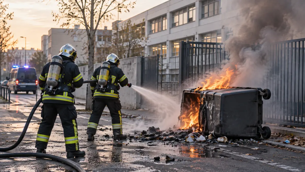 Symbolische Szene vor einem französischen Schulgebäude mit brennender Mülltonne und Feuerwehrleuten von hinten