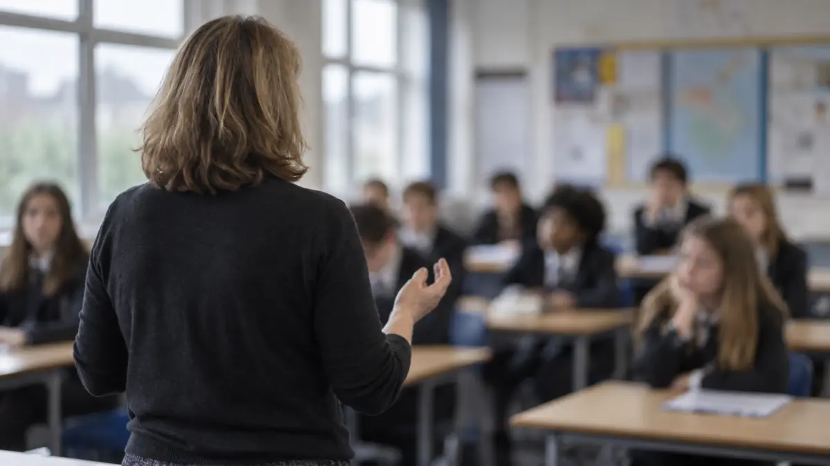Eine Lehrerin steht mit dem Rücken zur Kamera vor einer unscharf dargestellten Schulklasse