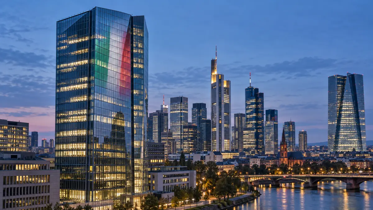 Frankfurter Bankenviertel bei Abendlicht mit italienischen Farben als Spiegelung an einer Glasfassade