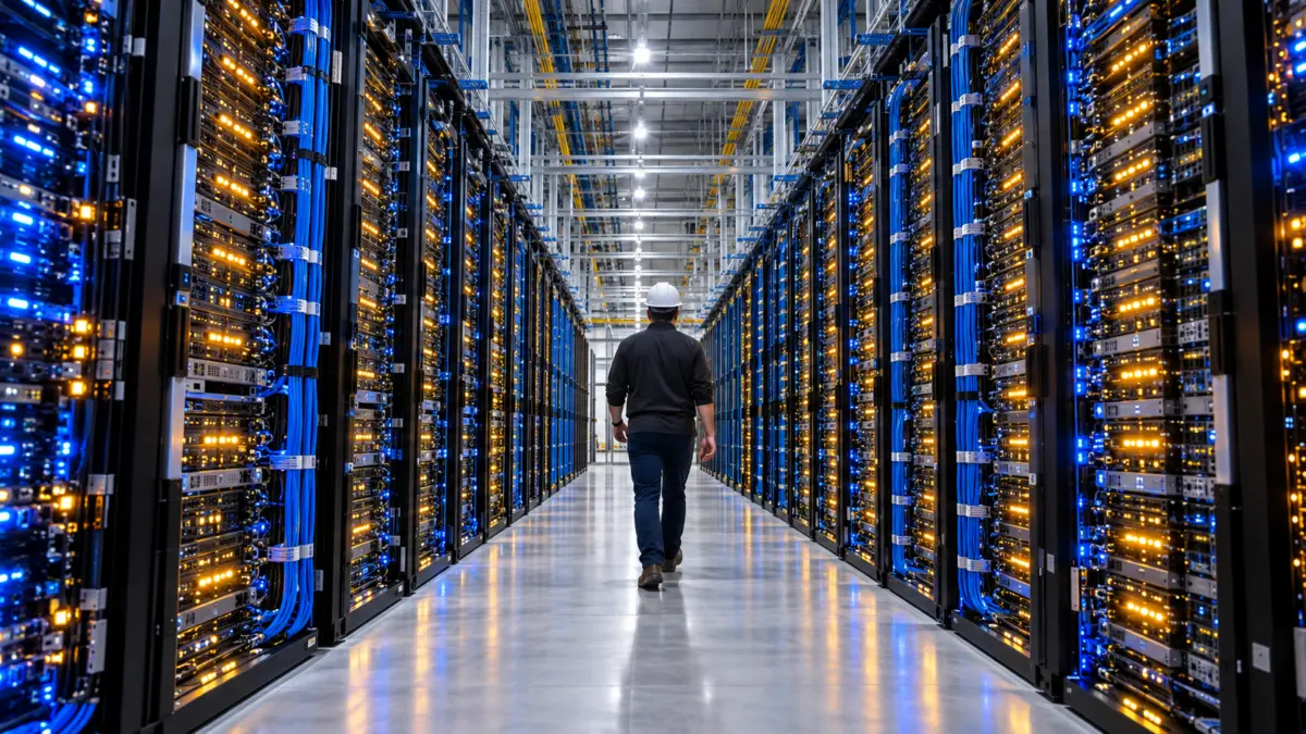 Techniker geht durch ein großes Rechenzentrum mit beleuchteten Servern