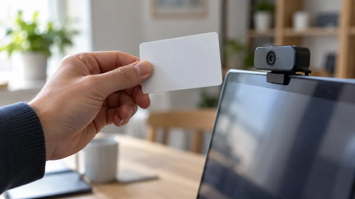 Eine Hand hält eine neutrale Karte vor die Kamera eines Laptops