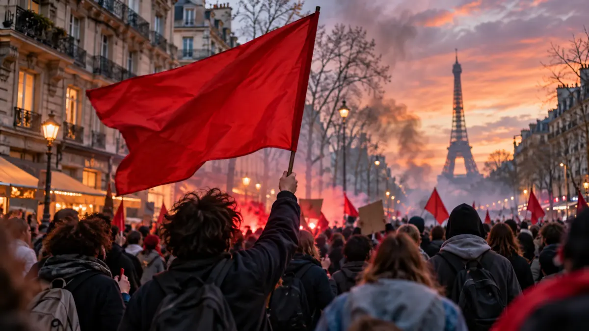 Anonyme Demonstranten mit roter Fahne auf einer Straße in Paris bei Abendlicht