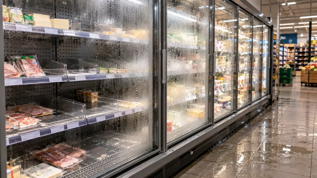 Beschlagenes Kühlregal und nasser Boden in einem Supermarkt als Symbol für den Ausfall vernetzter Kühlanlagen