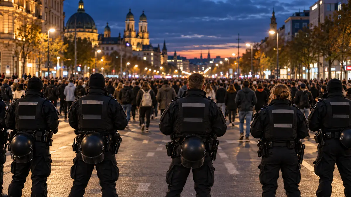 Polizisten von hinten blicken auf eine große Menschenmenge in einer Stadt bei Dämmerung