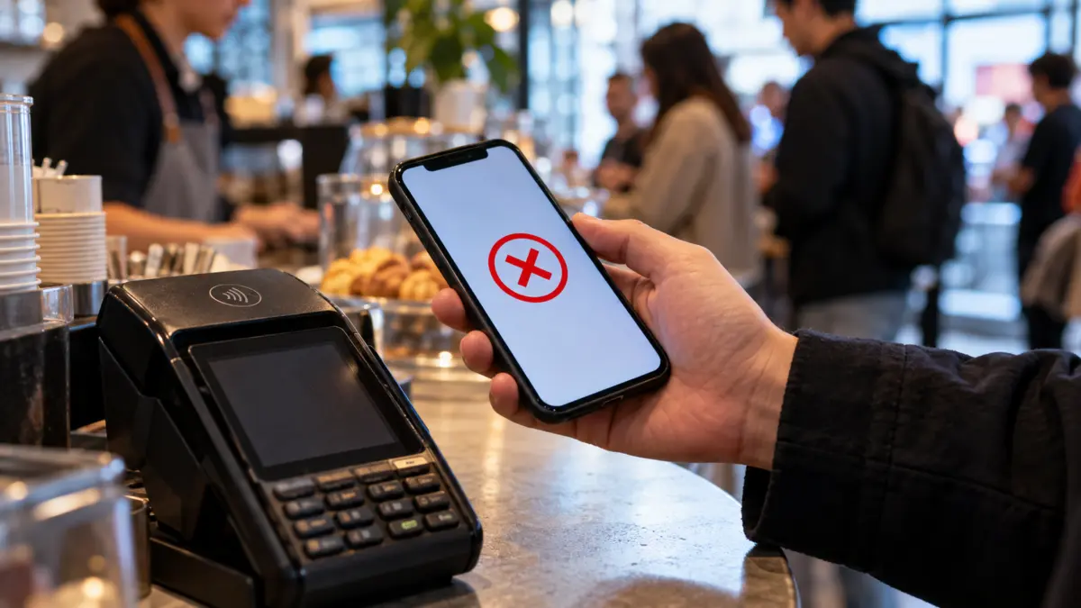 Kunde hält Smartphone mit Fehlersymbol an ein Kartenterminal