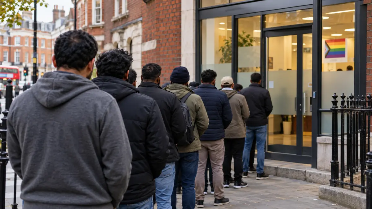 Anonyme Warteschlange vor einer Beratungsstelle in einer Londoner Straße