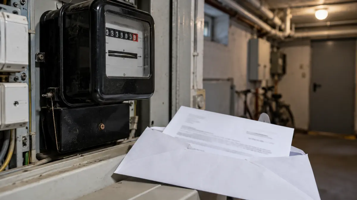 Stromzähler und Briefumschlag mit Schreiben in einem Hausanschlussraum