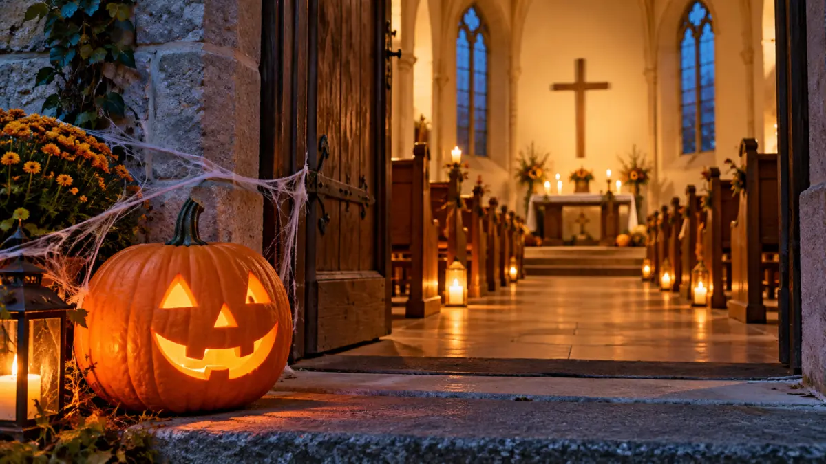 Ein leuchtender Halloween-Kürbis steht vor dem Eingang einer Kirche mit Kreuz und Kerzen.