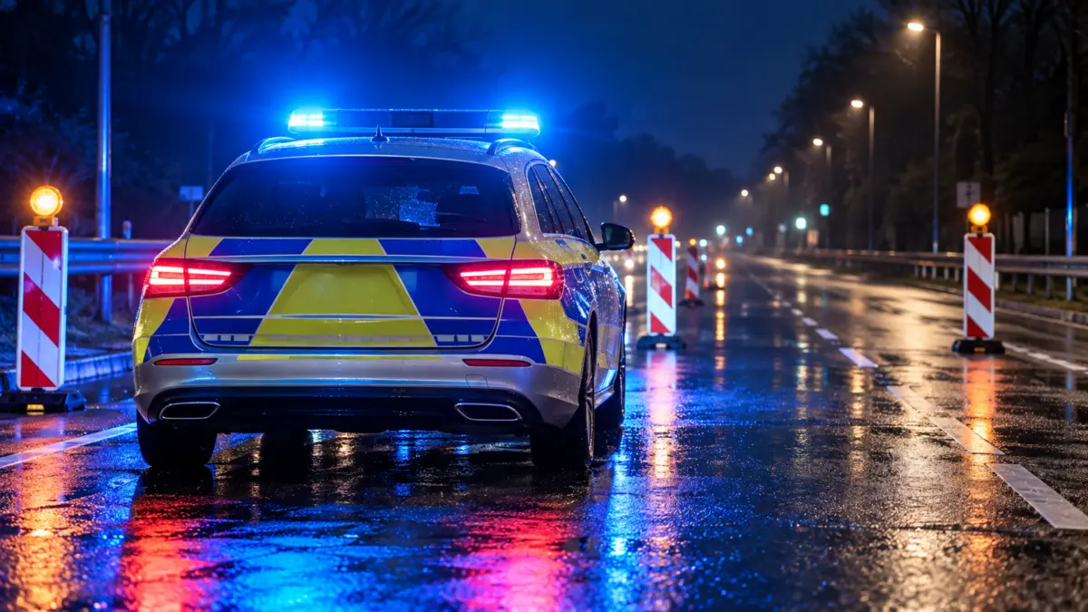 Polizeifahrzeug mit Blaulicht auf nasser Straße bei Nacht