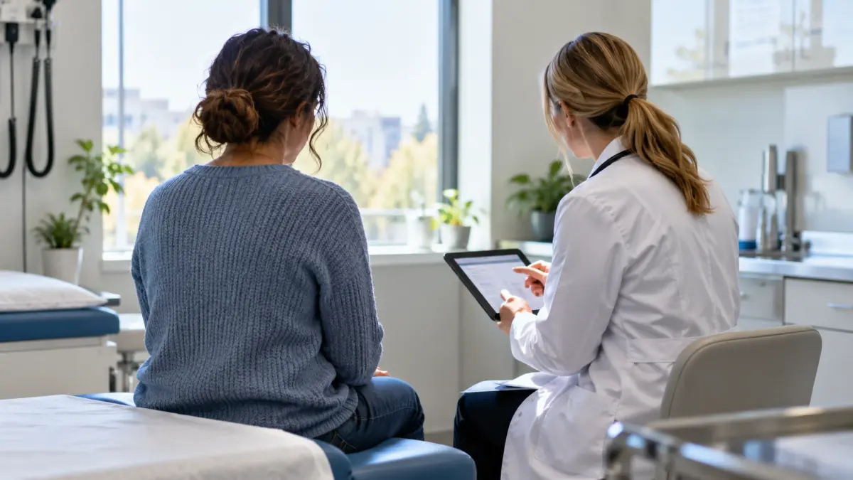 Patientin und Ärztin in einem Untersuchungszimmer von hinten