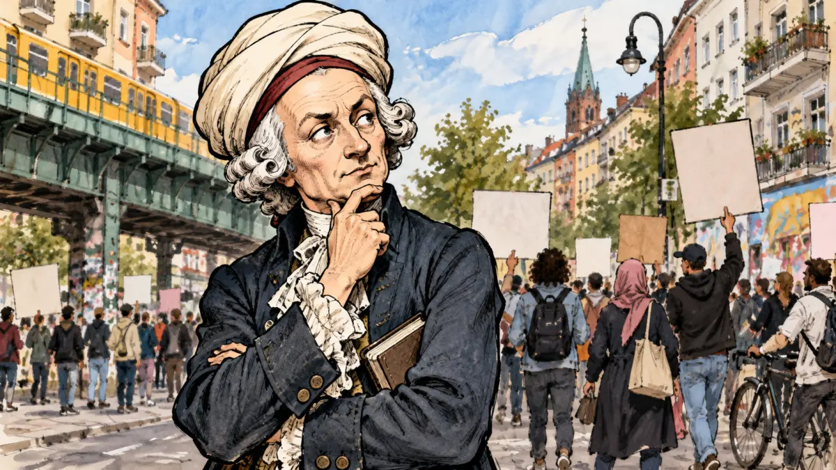 Satirische Illustration eines fiktiven Philosophen vor einer Demonstration in Berlin
