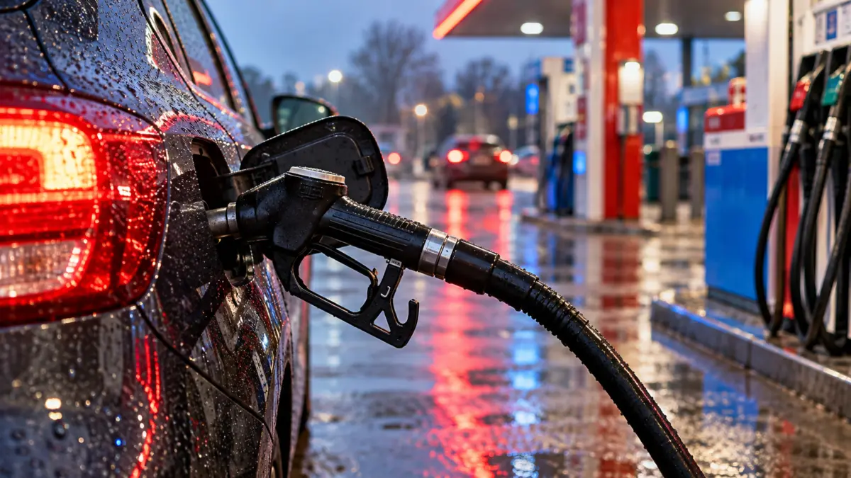 Ein Auto wird bei Regen an einer Tankstelle betankt