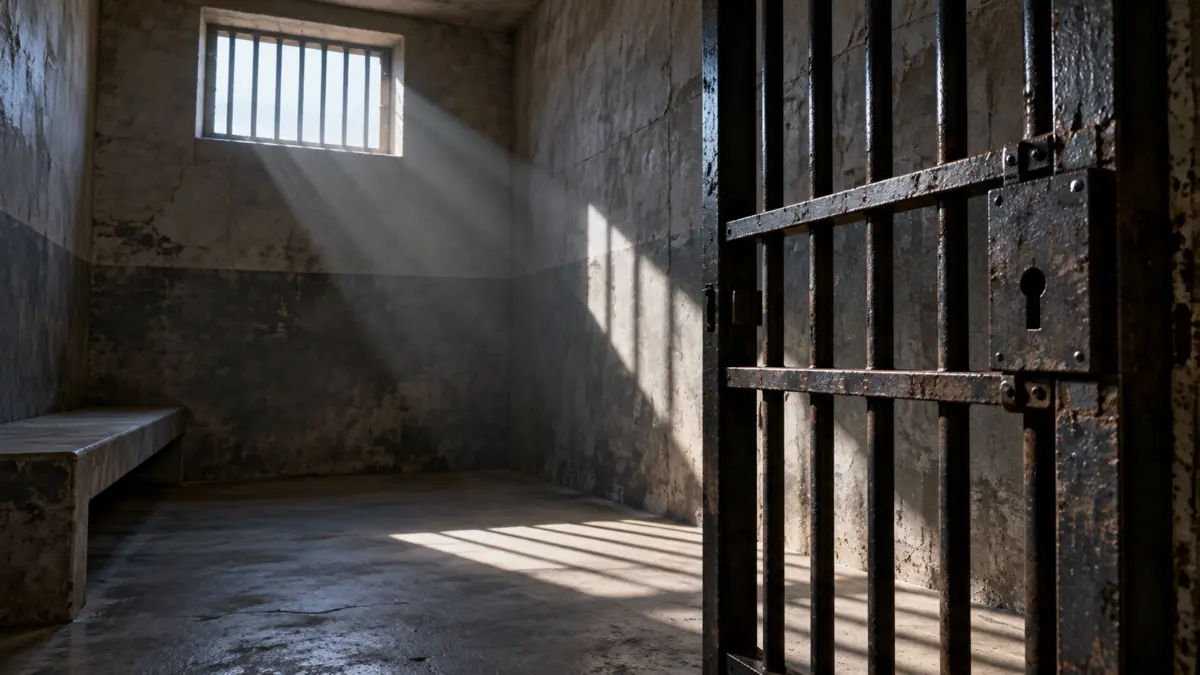 Leere Gefängniszelle mit Gittertür und Tageslicht