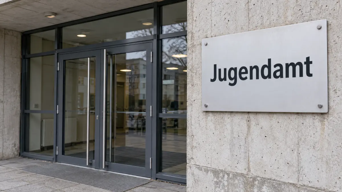 Ein sachlicher Behördeneingang mit Glastüren und einem Schild mit der Aufschrift Jugendamt.