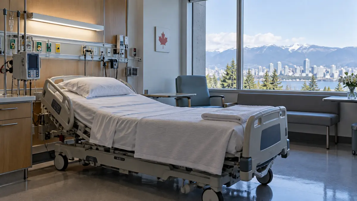 Leeres Krankenhausbett in einem hellen kanadischen Krankenzimmer