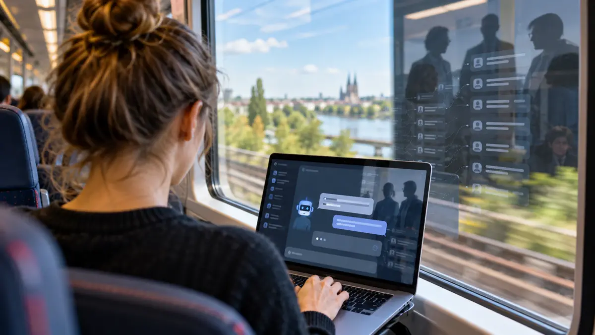 Anonyme Person nutzt einen KI-Chat auf einem Laptop, während sich weitere Beobachter im Fenster spiegeln