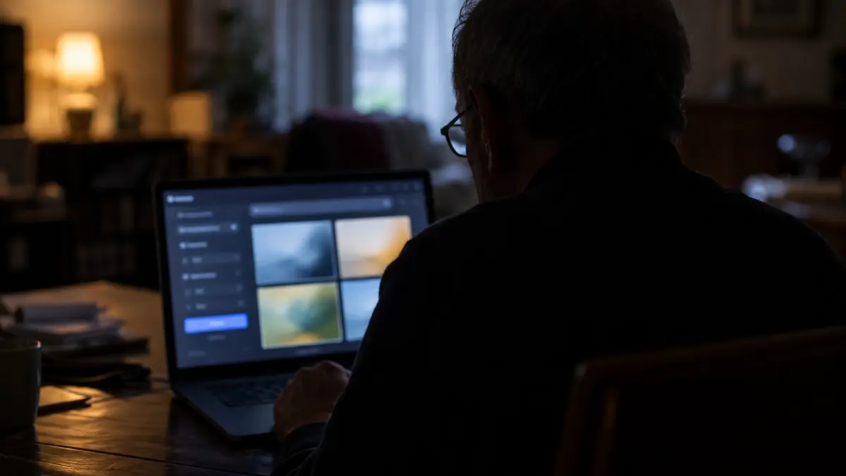 Silhouette eines älteren Mannes von hinten an einem Laptop mit unscharfem Bildgenerator