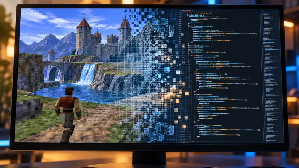 Ein Computerspiel auf einem Monitor geht fließend in Programmcode über