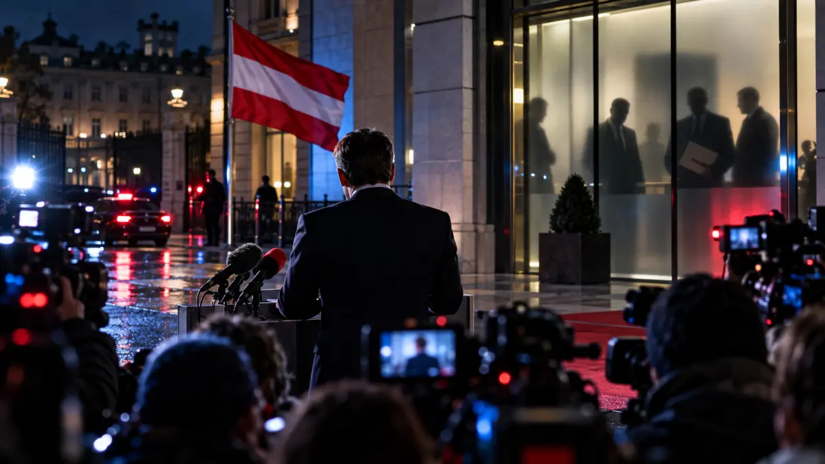 Österreichischer Politiker vor Presse und Schatten von Geheimdienstmitarbeitern