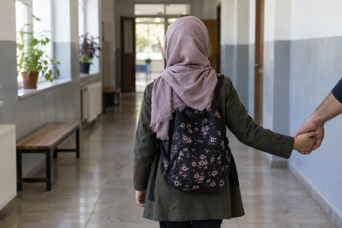 Ein Mädchen mit Kopftuch von hinten hält die Hand eines Erwachsenen, dessen Arm vom rechten Bildrand ins Bild reicht