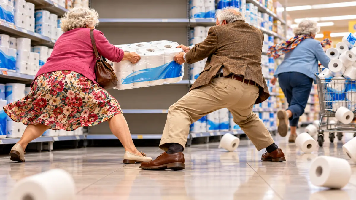 Zwei ältere Menschen zerren im Supermarkt an derselben Großpackung Klopapier