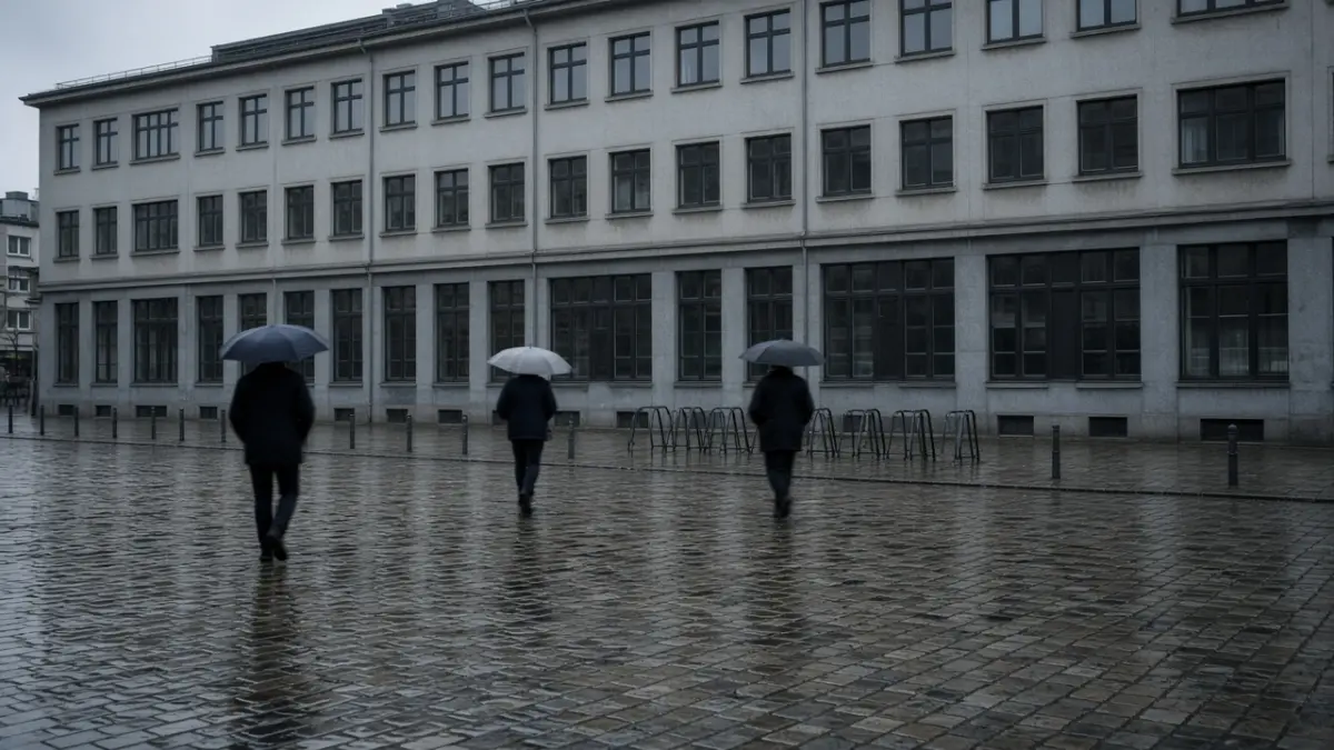 Symbolbild Verwaltungsgebäude und Passanten bei Regen