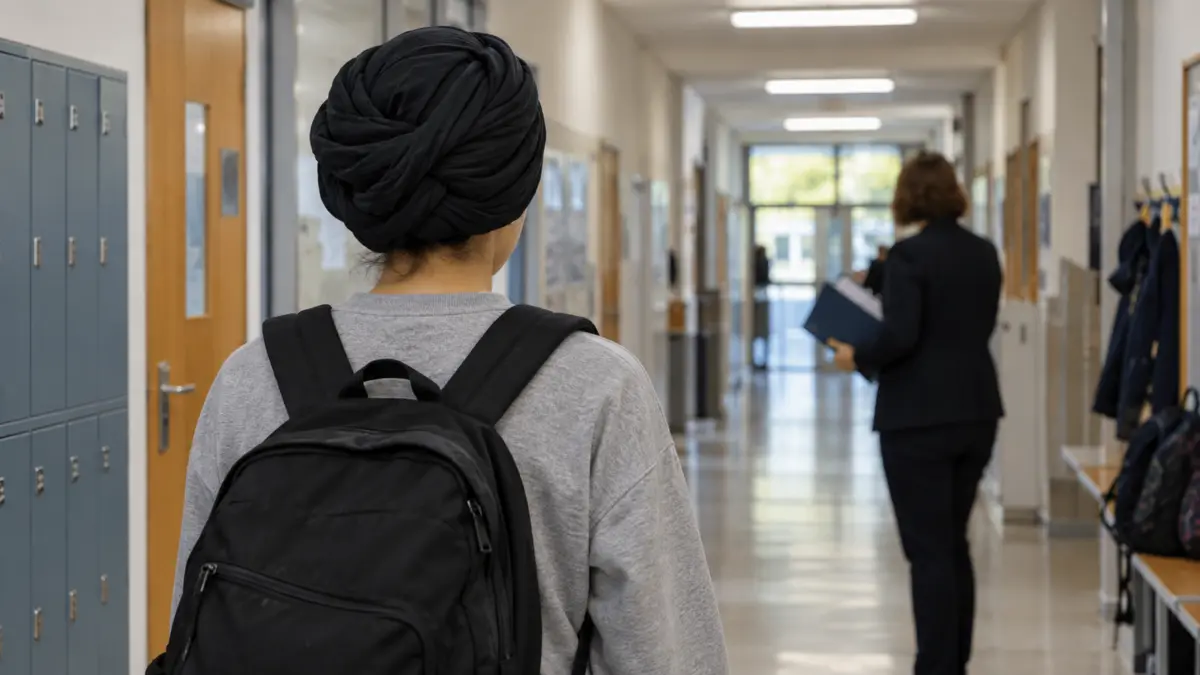 Schülerin von hinten mit turbanartig gebundenem schwarzem Kopftuch in einem Schulflur